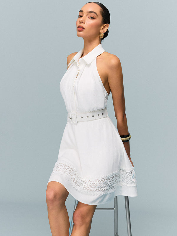 Linen Halter Belted Dress with Lace Hem