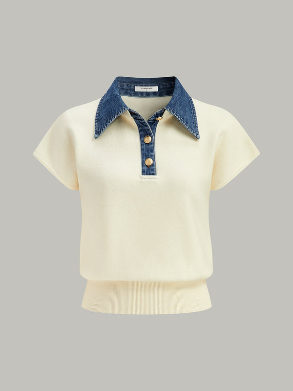 Denim Collar Cinched Knit Top