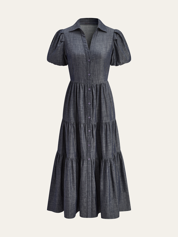 Puff Sleeve Tiered Button-Front maxi Dress