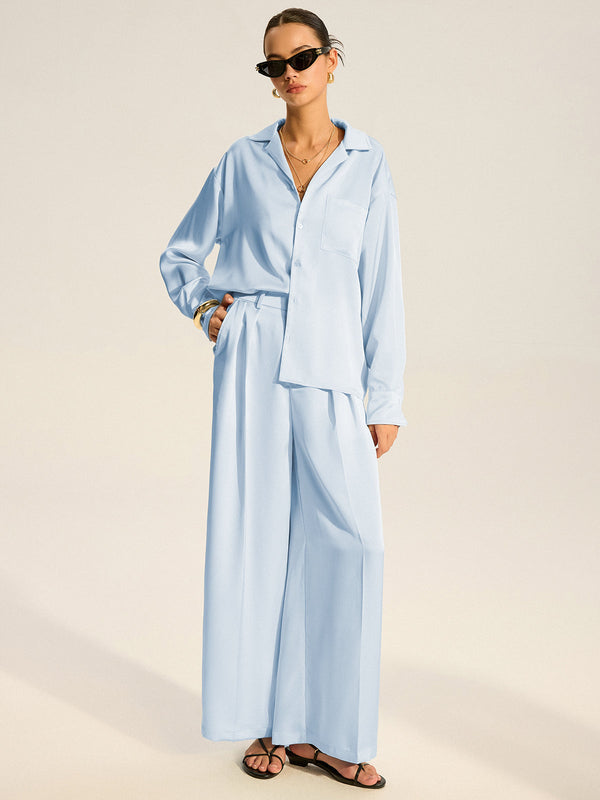 Oversized Pocket Satin Shirt and Pleated Pants Set