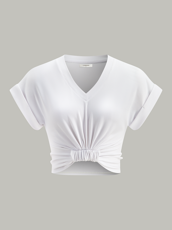 Ribbed V-Neck Knotted Crop Top