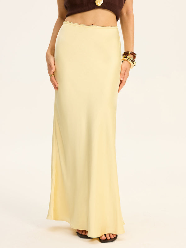 Satin Maxi Skirt with Lace Waistband
