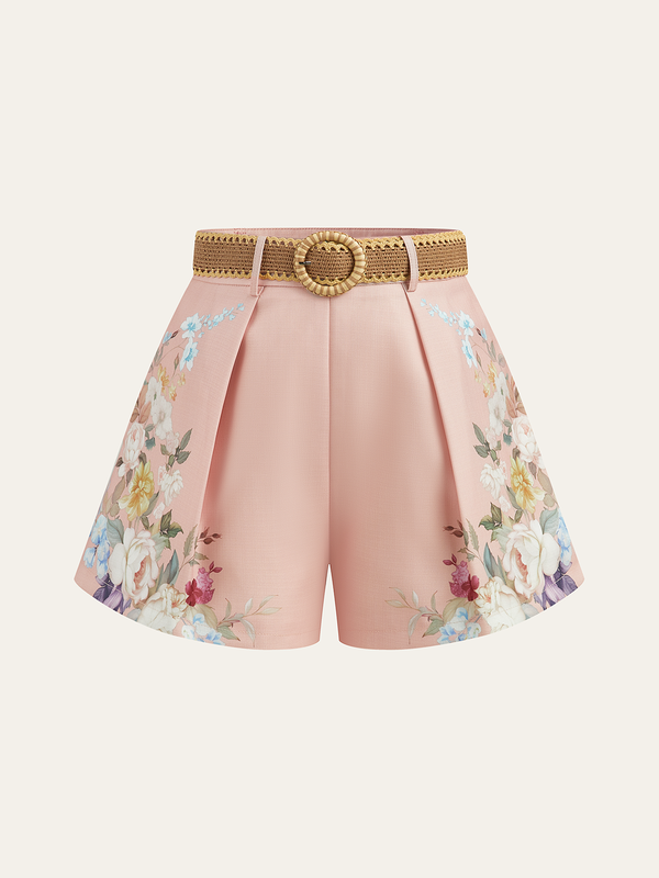 Floral Printed Belted Mid-Waist Shorts