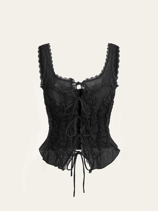 Semi-Sheer Lace-Trimmed Ruched Corset Top