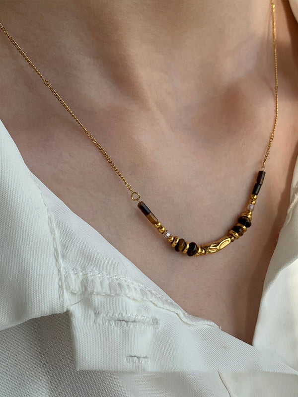 Tiger Eye Stone Beaded Necklace with Gold Chain