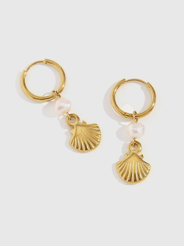 Gold-Plated Hoop Earrings with Pearl and Shell Charms