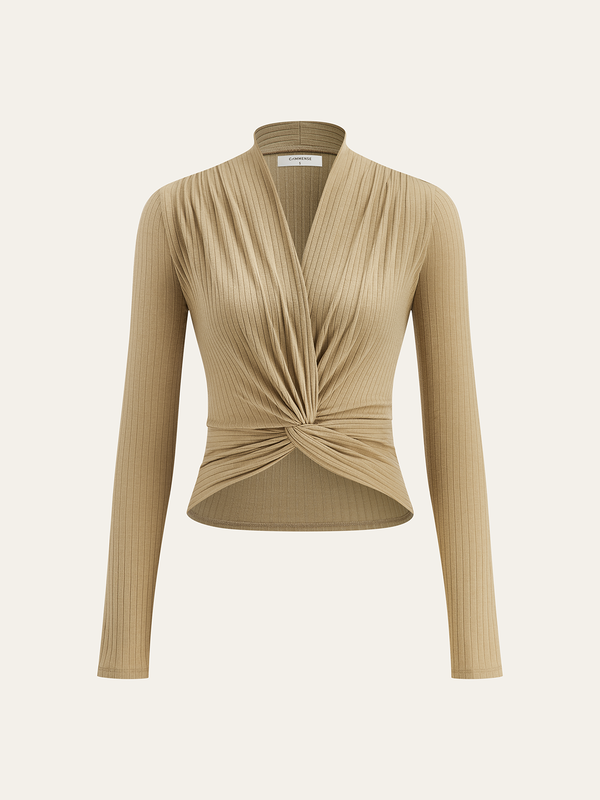 Ribbed Twist Front Long Sleeve Knit Top
