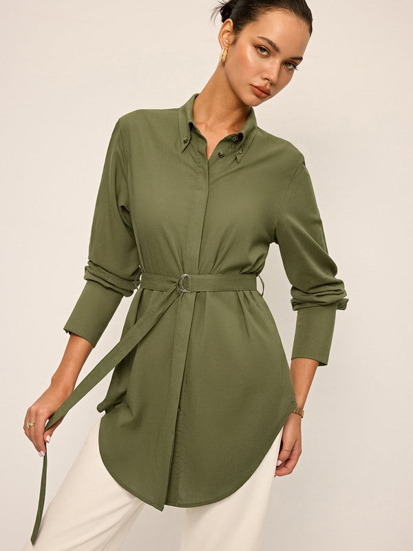 Cotton & Linen Belted Long-Sleeve Shirt