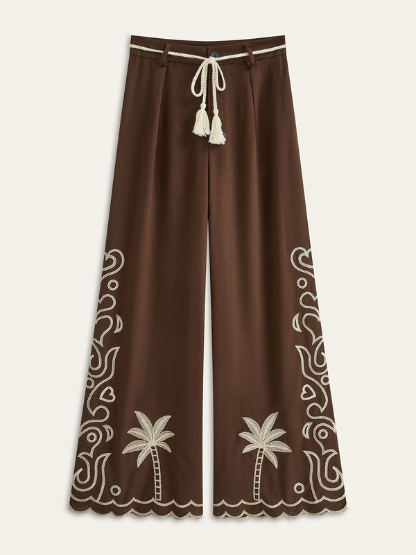 Palm Tree Embroidery Pants with Tassel Tie