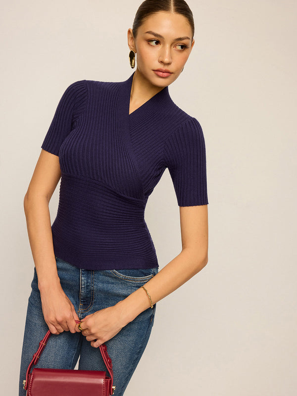 Ribbed Short-Sleeve Knit Top