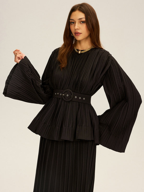 Pleated Bell Sleeve Belted Peplum Blouse