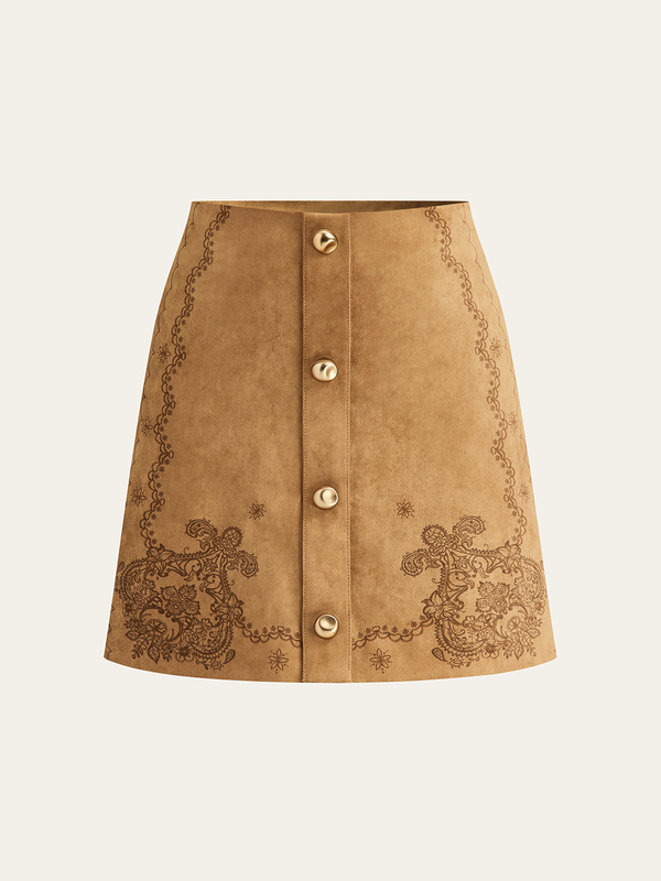 Print Suede Button Mini Skirt