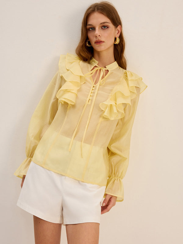 Semi-Sheer Tencel Ruffle Tie Neck Blouse