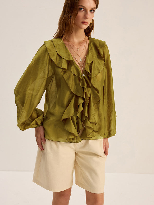 Semi-Sheer Tencel Ruffle Blouse