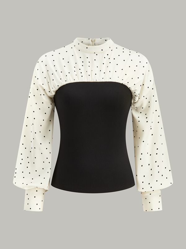 Polka Dot Panel Mock Neck Top