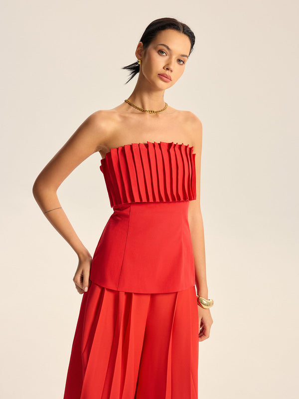 Cotton Blend Strapless Pleated Top