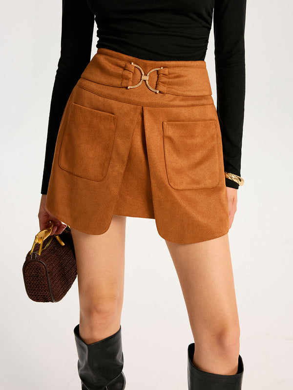 Metal Buckle Slit Suede Mini Skirt