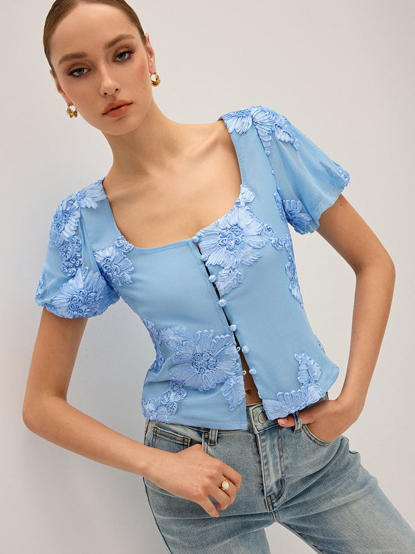 Floral Embroidered Square Neck Mesh Top