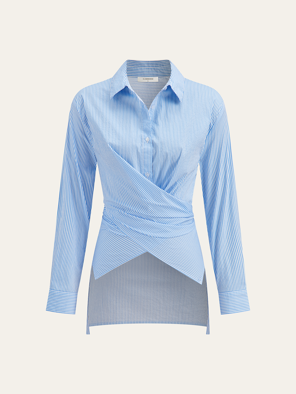 Striped Wrap Asymmetric Hem Shirt