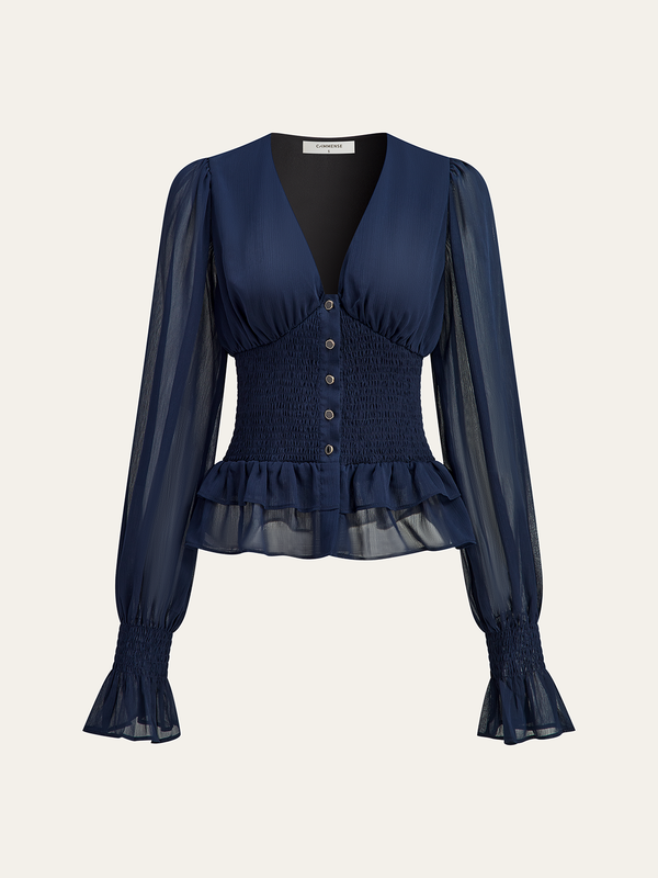 Mesh-Paneled Ruffled Hem Smocked Waist Blouse