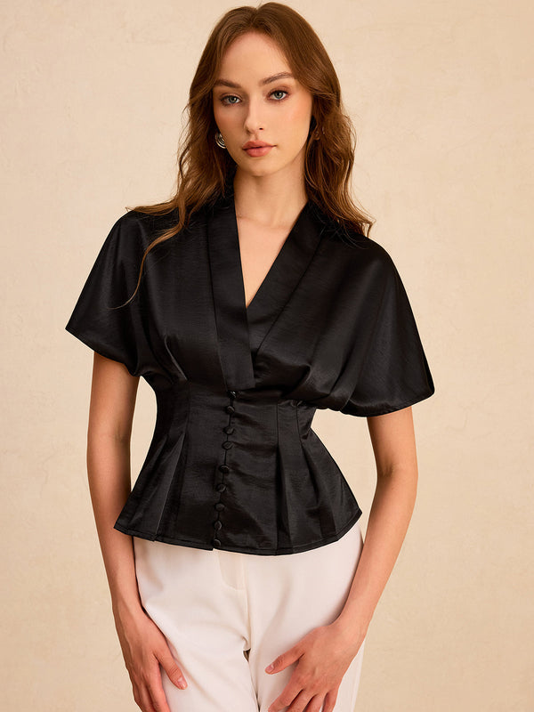 Satin Pleated Button Peplum Top