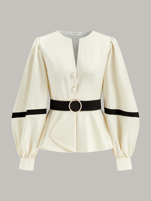 Contrast Belted Balloon Sleeve Shirt