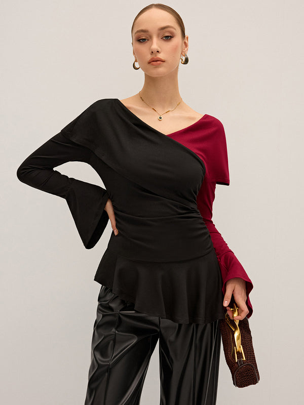 Two-Tone Asymmetric Peplum T-Shirt