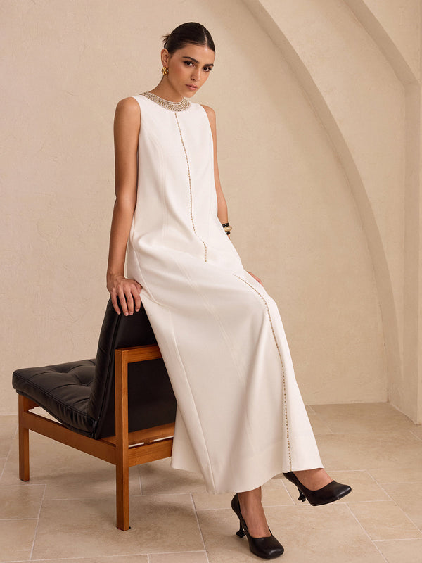 Hand-Beaded Neckline Pocket Maxi Dress