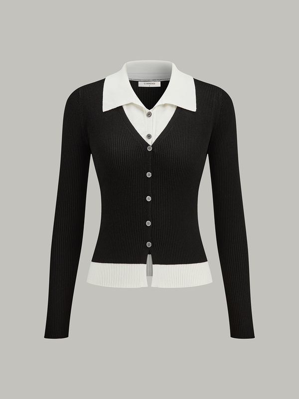Contrast Trim Collared Knit Cardigan