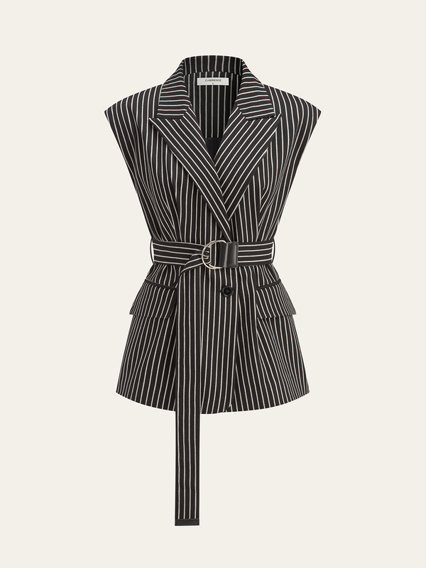 Cotton-Blend Striped Belted Longline Vest