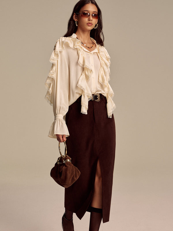 Ruffled Lace Trim Bell Sleeve Shirt