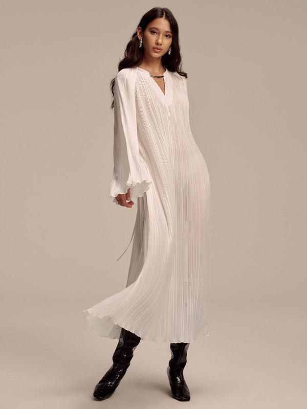 Metal Collar Pleated Long-Sleeve Maxi Dress