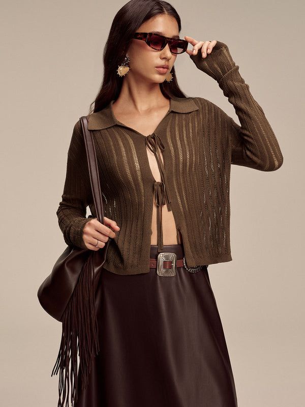 Polo Collar Tie-Front Knit Cardigan