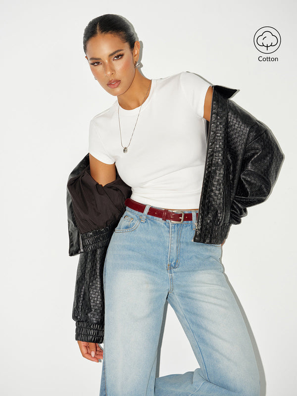 Ribbed Crew Neck Short Sleeve Cotton-Blend Top