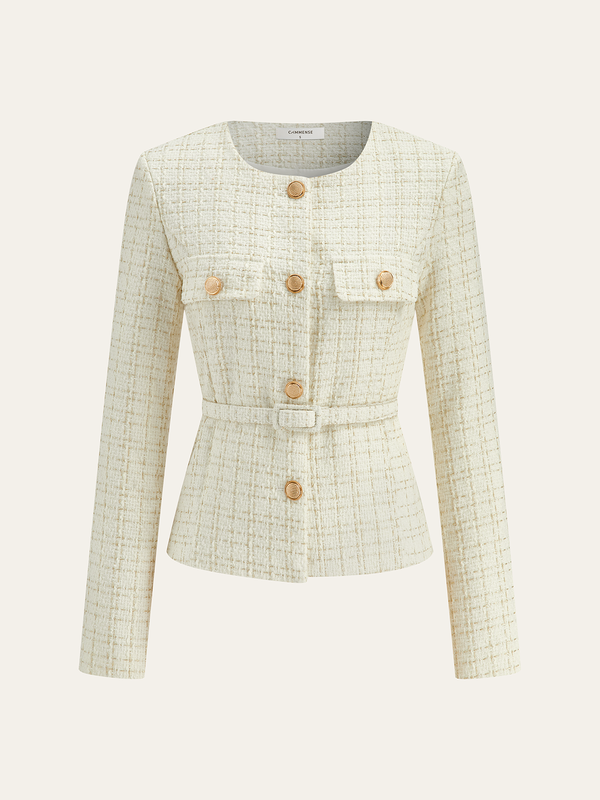 Metal Button Tweed Belted Blazer