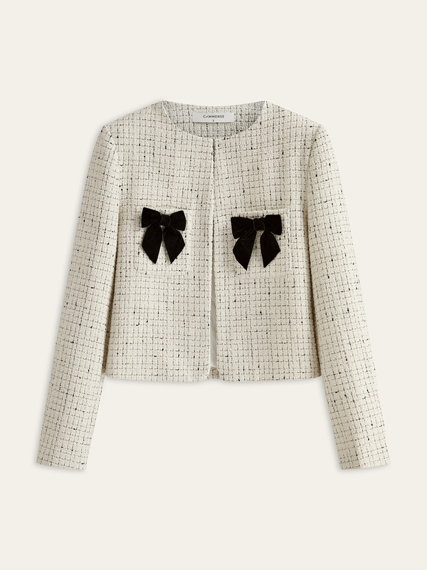 Tweed Contrast Bow Round Neck Jacket