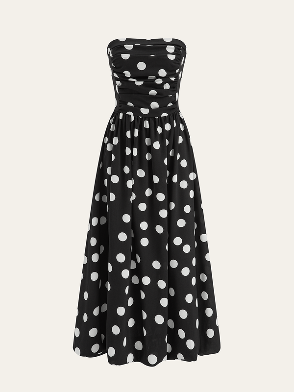Strapless Polka Dot Ruched Maxi Dress