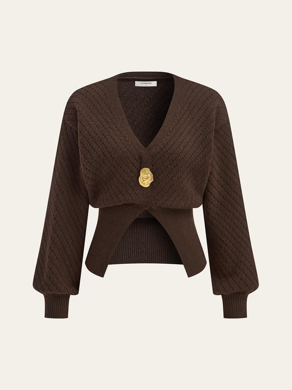 Metal Detail V-Neck Cinched Waist Sweater