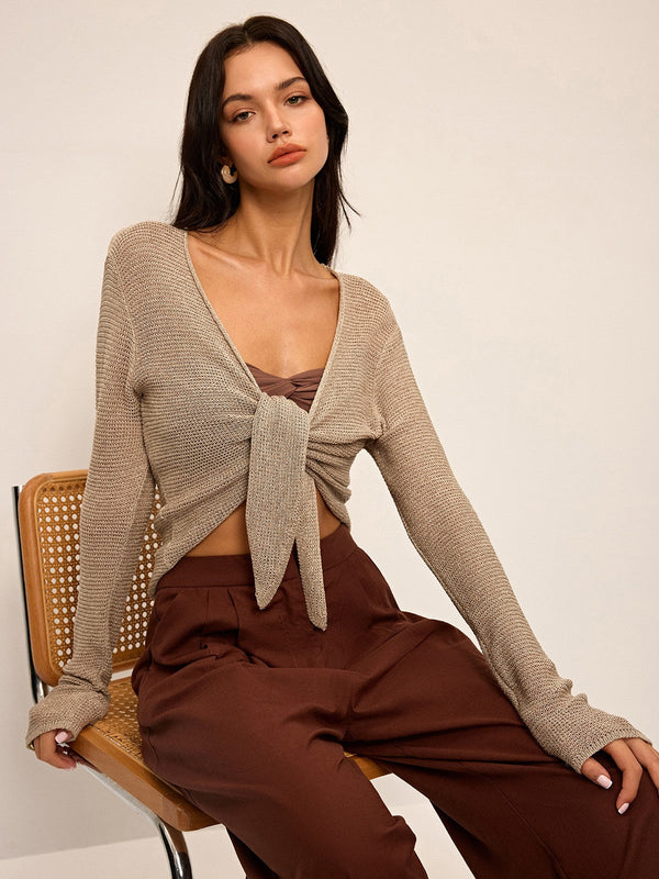 Knotted Front Long Sleeve Knit Top