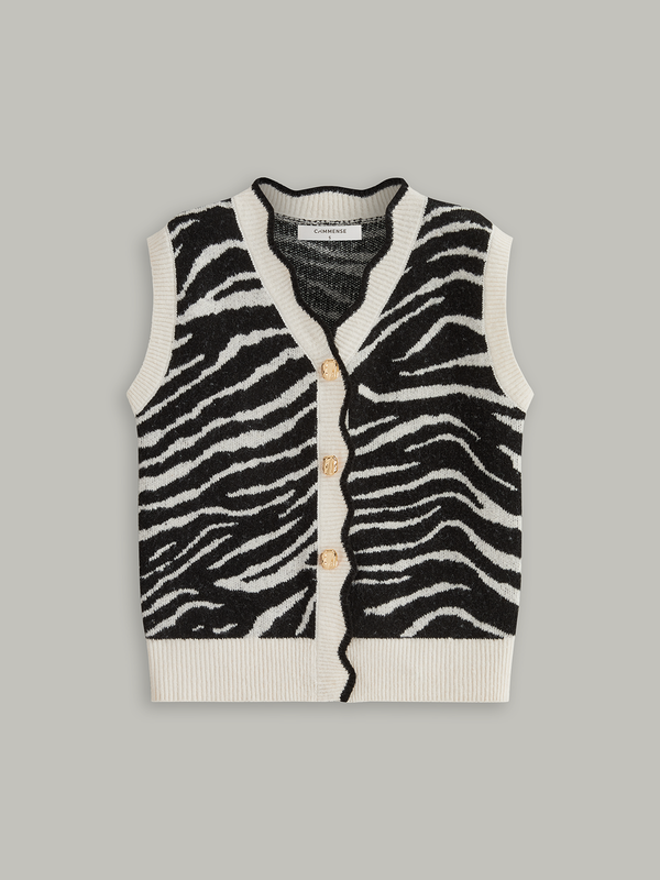 Metal Button Zebra-Striped Knit Vest