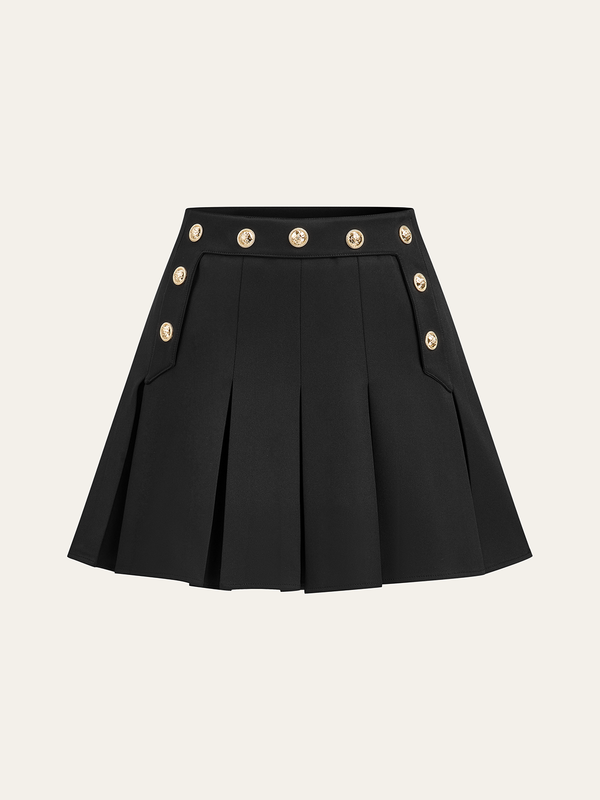 Pleated Mini Skirt with Decor Button
