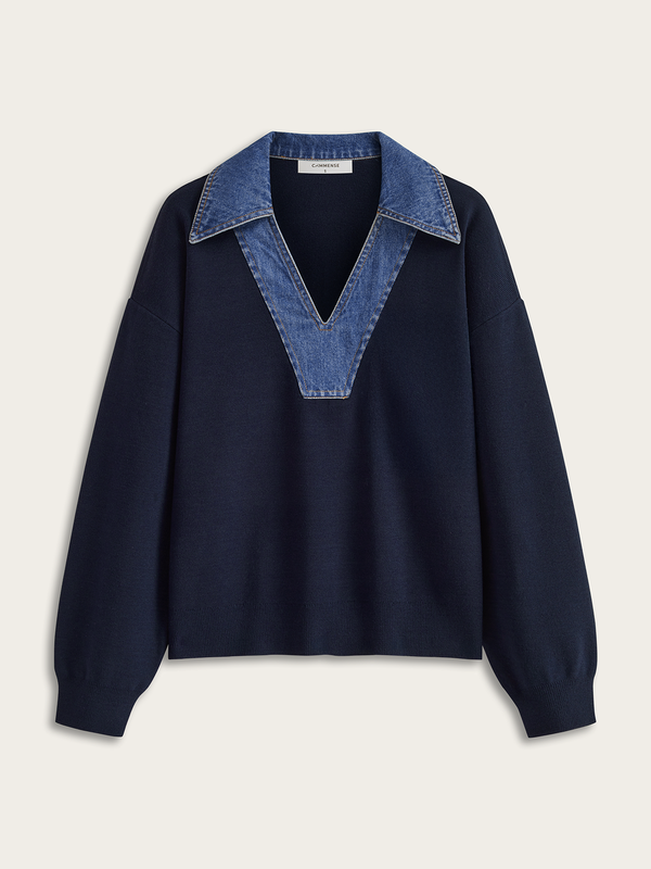 Denim Collar V-Neck Sweater