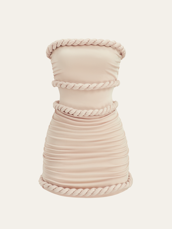 Braided Rope Trim Ruched Strapless Dress