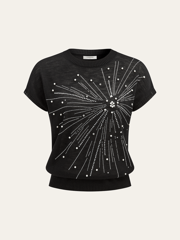Rhinestone & Pearl Firework Pattern Knit Top