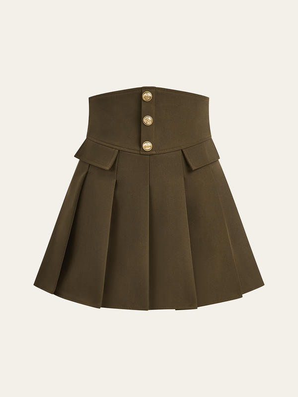 High-Waisted Pleated Mini Skirt with Decor Button