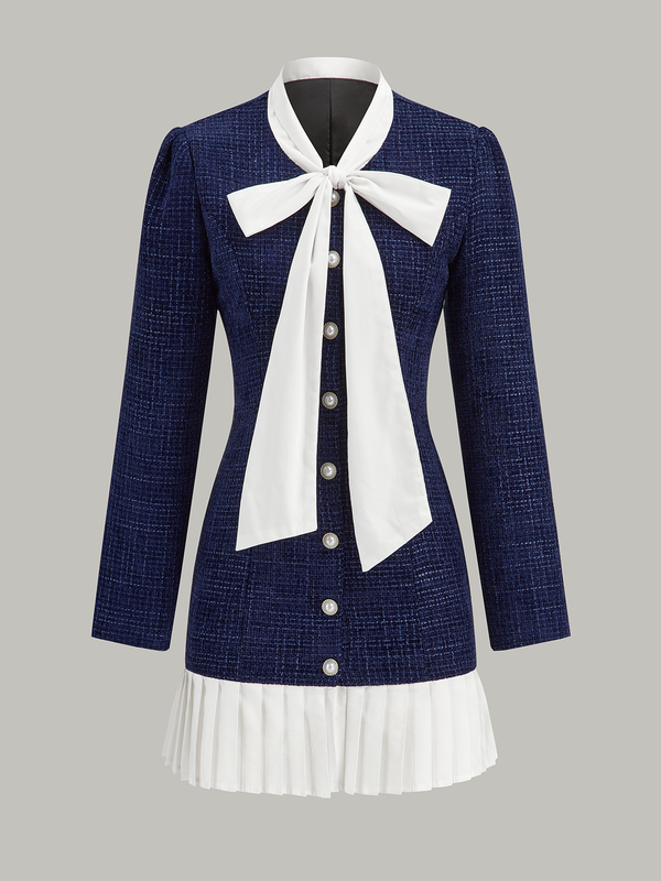 Pleated Hem Bow Neckline Tweed Mini Dress