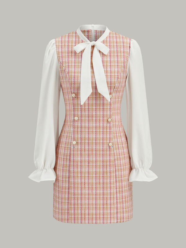 Bow Neckline Tweed Paneled Mini Dress