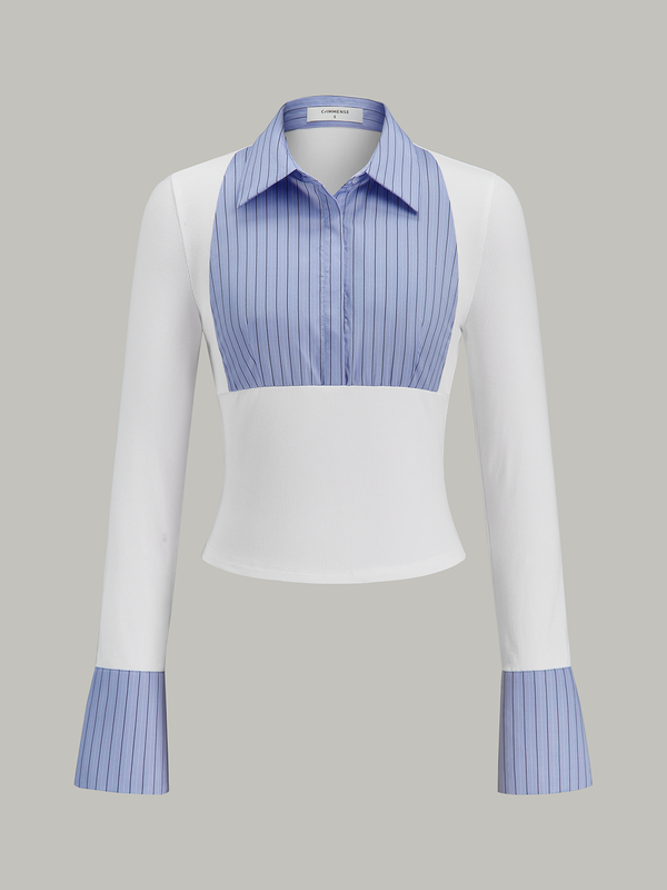 Flared Cuff Striped Paneled Shirt