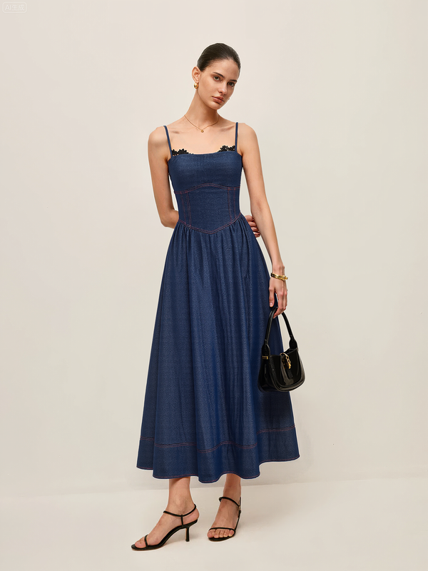 Lace Trim Denim Cami Maxi Dress