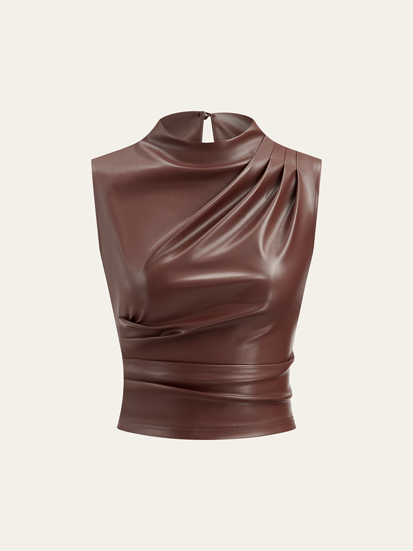 PU Leather Ruched Asymmetric Tank Top